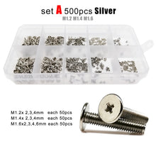 Load image into Gallery viewer, 500/750pcs M1.2 M1.4 M1.6 M2 M3 Mini Micro Phillips Thin Wafer Flat Head Screw Bolt for Laptop Phone Glasses Set Assortment Kit