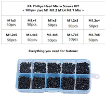 Load image into Gallery viewer, 500/1000pcs/set M1 M1.2 M1.4 M1.7 Mix Pa Phillips Head Micro Screws Round Head Self-tapping Electronic Small Wood Screws Kit