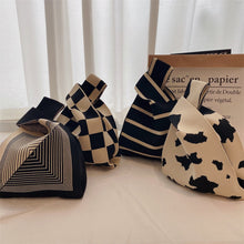 Load image into Gallery viewer, Handmade Knit Handbag Women Mini Knot Wrist Bag Japanese Casual Color Wide Stripe Plaid Tote Bag Student Reusable Shopping Bags