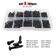 Load image into Gallery viewer, 700/2010pcs M1 M1.2 M1.4 M1.7 M2 M3 M4 Black Steel Mini Micro Cross Phillips Round Pan Head Self Tapping Wood Screw Set Kit Box