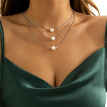 Load image into Gallery viewer, French Multi-Layer Twin Imitation Pearl Pendant Neck Accessories Geometric Slim Chain Snake Bone Necklace