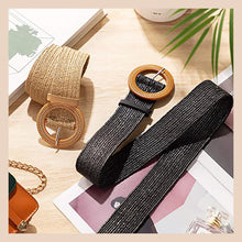 Load image into Gallery viewer, Straw Woven Elastic Stretch Belt Tight Dress Wood Style Buckle Belt