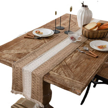 Load image into Gallery viewer, Cotton and Linen Stitching Table Runner Two-Color Woven Tassel Natural Material American Country Holiday Tablecloth