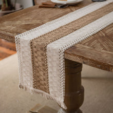 Load image into Gallery viewer, Cotton and Linen Table Runner Striped Stitching Two-Color Woven Tassel Natural Material American Tablecloth