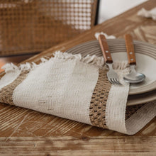 Load image into Gallery viewer, Cotton and Linen Table Runner Striped Stitching Two-Color Woven Tassel Natural Material American Tablecloth