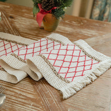Load image into Gallery viewer, Cotton and Linen Stitching Table Runner Two-Color Woven Tassel Natural Material American Country Holiday Tablecloth
