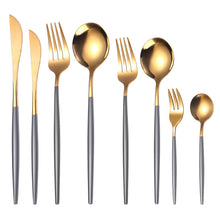 Load image into Gallery viewer, Stainless Steel Dessert Knife Fork and Spoon 8-Piece Set Portuguese Tableware Golden Set Creative Western Food Steak Knife Fruit Fork