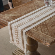 Load image into Gallery viewer, Cotton and Linen Table Runner Striped Stitching Two-Color Woven Tassel Natural Material American Tablecloth