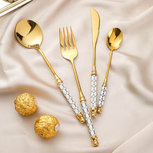 Load image into Gallery viewer, Stainless Steel Gold Titanium-Plated Porcelain Handle Maze Tableware Western Food/Steak Knife, Fork and Spoon Coffee Dessert Spoon