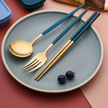Load image into Gallery viewer, Stainless Steel Convenient Tableware Chopsticks Spoon Kit Portuguese Tableware Three-Piece Set Gift for Students