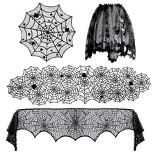 Load image into Gallery viewer, Halloween Tablecloth Spider Web Fireplace Towel Disposable Black Spider Web Lampshade Decorative Table Runner Ghost Festival Set