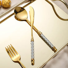 Load image into Gallery viewer, Stainless Steel Gold Titanium-Plated Porcelain Handle Maze Tableware Western Food/Steak Knife, Fork and Spoon Coffee Dessert Spoon