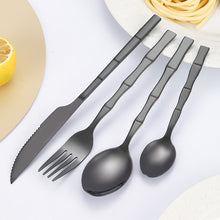 Load image into Gallery viewer, Bamboo Handle Stainless Steel Western Food Knife and Fork Dessert Spoon Set