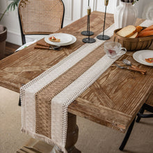 Load image into Gallery viewer, Cotton and Linen Stitching Table Runner Two-Color Woven Tassel Natural Material American Country Holiday Tablecloth