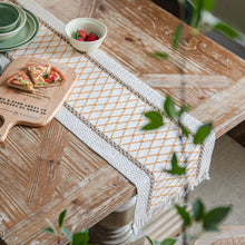Load image into Gallery viewer, Cotton and Linen Table Runner Striped Stitching Two-Color Woven Tassel Natural Material American Tablecloth