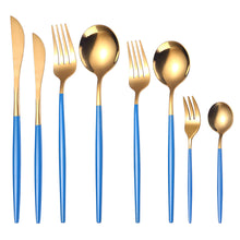 Load image into Gallery viewer, Stainless Steel Dessert Knife Fork and Spoon 8-Piece Set Portuguese Tableware Golden Set Creative Western Food Steak Knife Fruit Fork