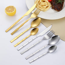 Load image into Gallery viewer, Bamboo Handle Stainless Steel Western Food Knife and Fork Dessert Spoon Set