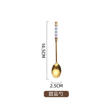 Load image into Gallery viewer, Stainless Steel Gold Titanium-Plated Porcelain Handle Maze Tableware Western Food/Steak Knife, Fork and Spoon Coffee Dessert Spoon