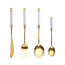 Load image into Gallery viewer, Stainless Steel Gold Titanium-Plated Porcelain Handle Maze Tableware Western Food/Steak Knife, Fork and Spoon Coffee Dessert Spoon
