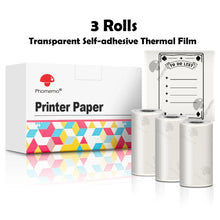 Load image into Gallery viewer, Phomemo 3 Rolls Self-adhesive Transparent Sticker Thermal Paper for T02 M02X Label Sticky DIY Photo Texts Study Notes Printing
