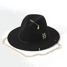Load image into Gallery viewer, Russian Style Fedora Hat with Pearl Chain Metal Shells Felt Cowboy Hat for Autumn Winter Women Fashion Womens Wide Brim Hat