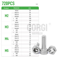 Load image into Gallery viewer, M2 M2.5 M3 M4 M5 M6 Hex Socket Head Cap Set Allen Screw Kit 126 - 1080 DIN912 304 Stainless Steel Screw Nut Bolt Assortment Set