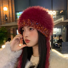 Load image into Gallery viewer, Versatile INS Style Pullover Cap Ear Protection Mixed-color Straps Bomber Hats Big Head Handmade Knitted Cap Women Girls Maiden