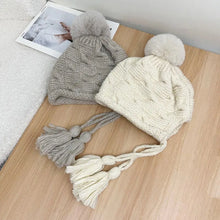 Load image into Gallery viewer, Fashion Tassels Knitted Hat Warm Solid Color Beanie Hat Cold Proof Windproof Earflap Cap Winter