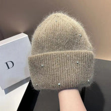 Load image into Gallery viewer, 1PC New Winter Rhinestone min Knitted Hat Fashionable And Warm Rabbit Fur Ear Protection Hat Double Folded Hat