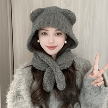Load image into Gallery viewer, Thickened Bear Ear Women Scarf Hat Knitted Scarf Integrated Knitted Pullover Cap Ear Protection Warm Cap Winter Accessories