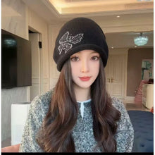Load image into Gallery viewer, Fashion Butterfly Pattern Knitted Woolen Hat Thickened Windproof Cover Head Cap Keep Warm Cold-proof Drawstring Beanie Cap Women