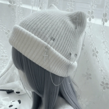 Load image into Gallery viewer, Gothic Knitted Beanie Hat Subculture Headwear Handmade Crochet Skull Hat Pin Decoration Y2K Cat Ear Hat Female Teens