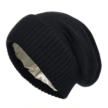 Load image into Gallery viewer, Women's Winter Hat 100% Pure Wool Knitted Satin Line 2 Layer Soft Warm Sleep Cover Beanies Elastic Fashion Slouchy SKi Cap Men