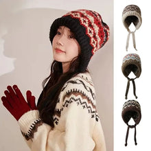 Load image into Gallery viewer, Cute With Strap Jacquard Knitting Hat Wind-Resistant Ear Protection Pullover Bonnets Warm Lace up Earmuffs Pile Cap