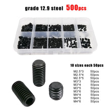 Load image into Gallery viewer, 500/1500 M2 M2.5 M3 M4 M5 M6 M8 DIN913 304 Stainless Steel Black Hex Hexagon Socket Allen Flat Point Grub Bolt Set Screw Kit Box