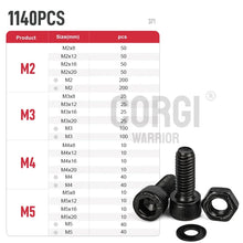 Load image into Gallery viewer, Black Steel Socket Head Hex Round Cap Screws Set M2 M3 M4 M5 M6 Grade 12.9 DIN912 Allen Bolts Nuts Assortment Kit Tool Box