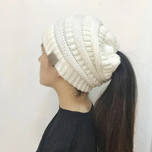 Load image into Gallery viewer, Women Winter Knitted Beanie Hat Messy Bun Ponytail Beanie Holey Warm Wool Beanie Hats