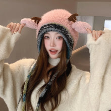 Load image into Gallery viewer, New Fur Deer Storage Hat Ear Protection Warm Knitted Deer Antler Hat Windproof Adjustable Earmuffs Hat Outdoor