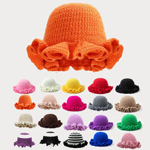 Load image into Gallery viewer, Solid Color Hand Knitted Knit Hat in Bohemian Style with Hollowed Out and Ruffled Design Bucket Shaped Hat Fisherman's Hat
