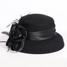 Load image into Gallery viewer, Women's Black Wool Felt Cloche Hat with Flower Feather Winter Hepburn Style Formal Church Tea Party Dress Cocktail Bucket Hats