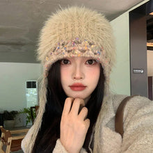 Load image into Gallery viewer, Versatile INS Style Pullover Cap Ear Protection Mixed-color Straps Bomber Hats Big Head Handmade Knitted Cap Women Girls Maiden