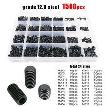Load image into Gallery viewer, 500/1500 M2 M2.5 M3 M4 M5 M6 M8 DIN913 304 Stainless Steel Black Hex Hexagon Socket Allen Flat Point Grub Bolt Set Screw Kit Box