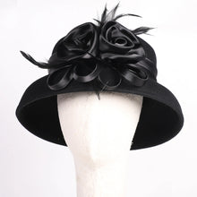 Load image into Gallery viewer, Women's Black Wool Felt Cloche Hat with Flower Feather Winter Hepburn Style Formal Church Tea Party Dress Cocktail Bucket Hats