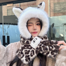 Load image into Gallery viewer, Warm Thickened Winter Scarf Hat Two-Piece Set Windproof Neck Warmer Leopard Print Integrated Scarf Hat Women