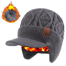 Load image into Gallery viewer, Thermal Knit Beanie with Brim & Ear Flaps, Fleece Lined Winter Hat for Skiing Outdoor Sports Work
