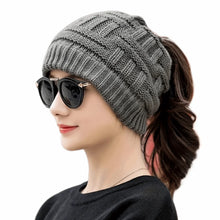 Load image into Gallery viewer, Fashion Crochet Ponytail Winter Hats Knitted Warm Knitted Cap Thicken Solid Color Skullies Ladies'