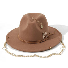 Load image into Gallery viewer, Russian Style Fedora Hat with Pearl Chain Metal Shells Felt Cowboy Hat for Autumn Winter Women Fashion Womens Wide Brim Hat