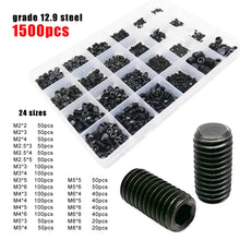 Load image into Gallery viewer, 500/1500X M2-M8 DIN913 Black Steel 304 A2 Stainless Steel Hex Hexagon Socket Allen Flat Point Set Screw Grub Bolt Assortment Kit