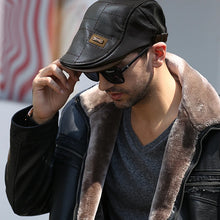 Load image into Gallery viewer, Men Fashion Retro PU Leather Beret Hats Autumn Winter Leather Beret Hat Middle-aged Men's Visor Warm Flat Peaked Cap Adjustable