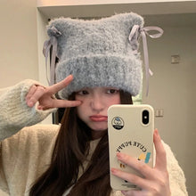 Load image into Gallery viewer, Cute Windproof Cat Ear Beanie Thickened Warm Sweet Bow Ribbon Pullover Hat Color Straps Handmade Beanie for Women Girl